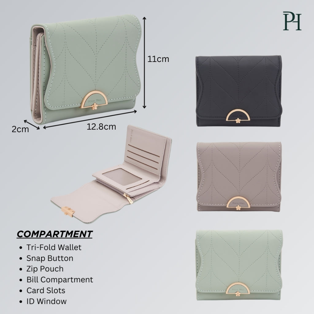 POLO HILL Ladies Leaf Inspired Stitching Tri-Fold Wallet PW120