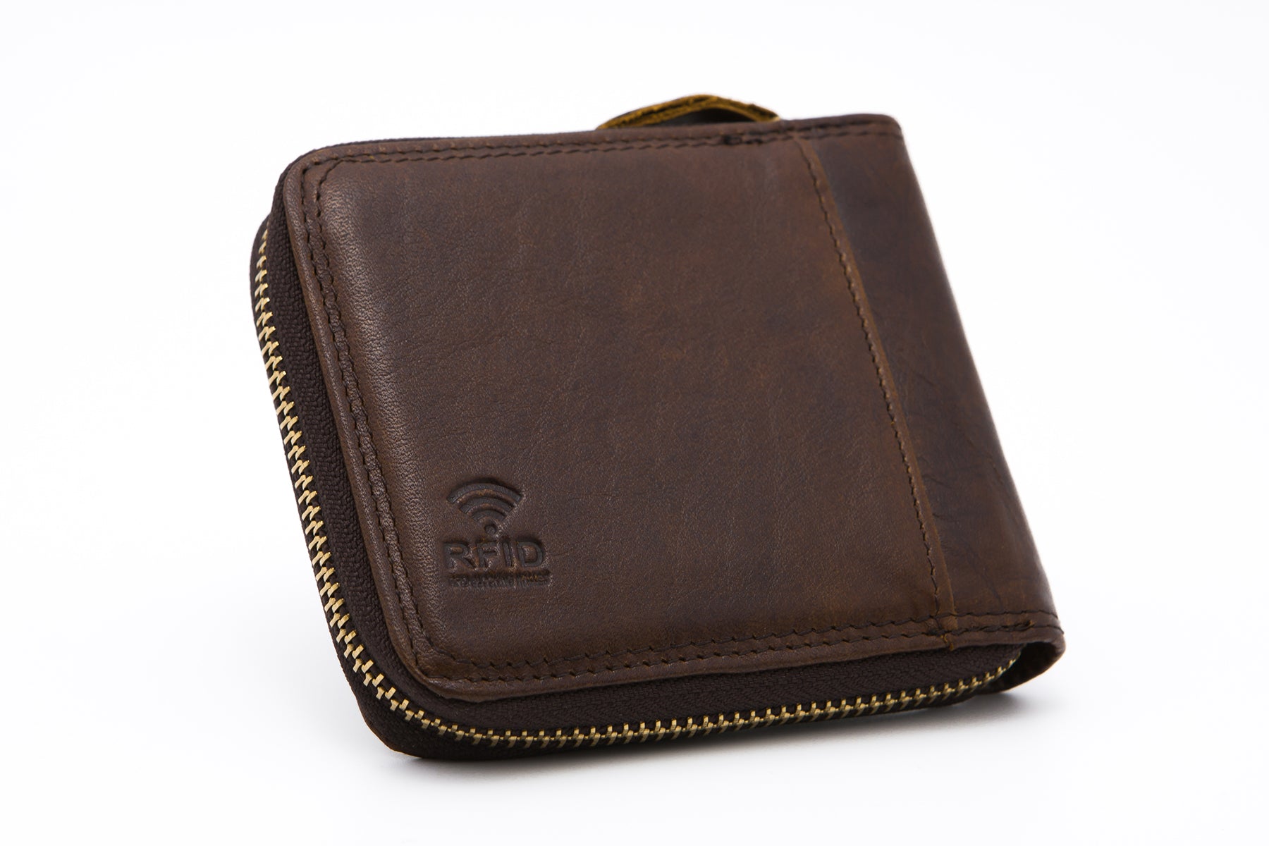 Brown RFID Protected Genuine Leather Ziparound Wallet - ID Windows